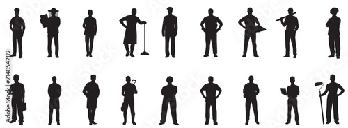 Group of diverse people occupations or jobs standing. vector black silhouettes set collection. People crowd standing various professions silhouettes.
