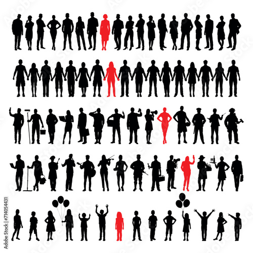 Human person kid young and adult in red silhouette standing among group of people crowd in row black silhouettes.