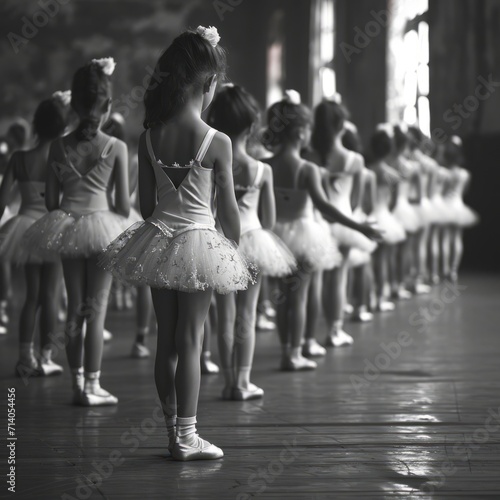 Little ballerinas in a dance class. Black and white.