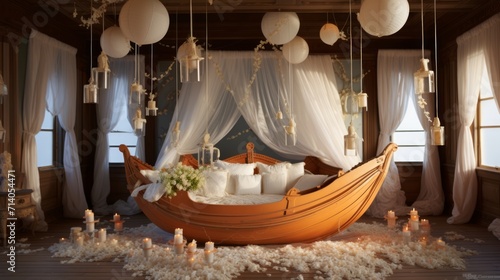 Boat and Stripes Wedding Room Wallpaper, generative ai