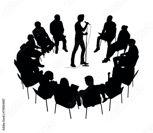Male comedian performing stand up comedy in the middle of audience sitting in circle vector silhouettes.