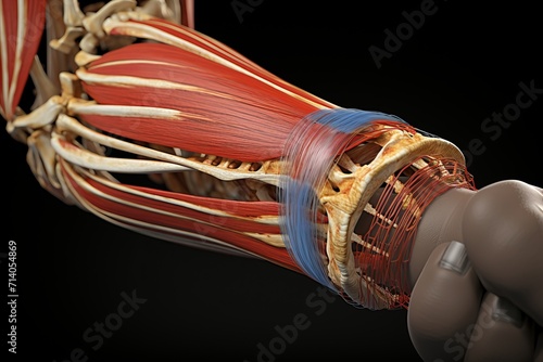 Detailed 3d illustration of elbow joint anatomy, highlighting pain sensation and structures photo