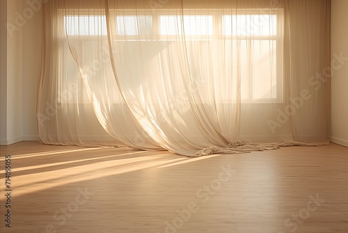 Captivating 3d interior with billowing white curtain, sunlight, and play of light and shadow