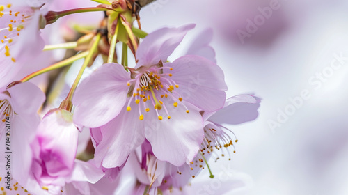 Spring background. Macro Shot Of Weeping Cherry Tree Prunus Pendular Blossom. Pollen. Copy paste area for texture