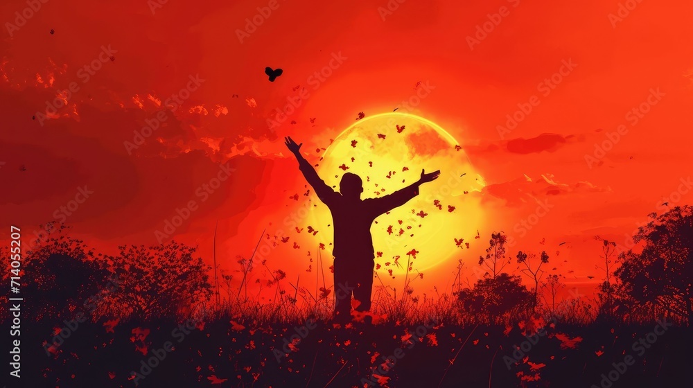 Obraz premium Silhouette Man Celebrating Muharram with Raised Hands and a Heart