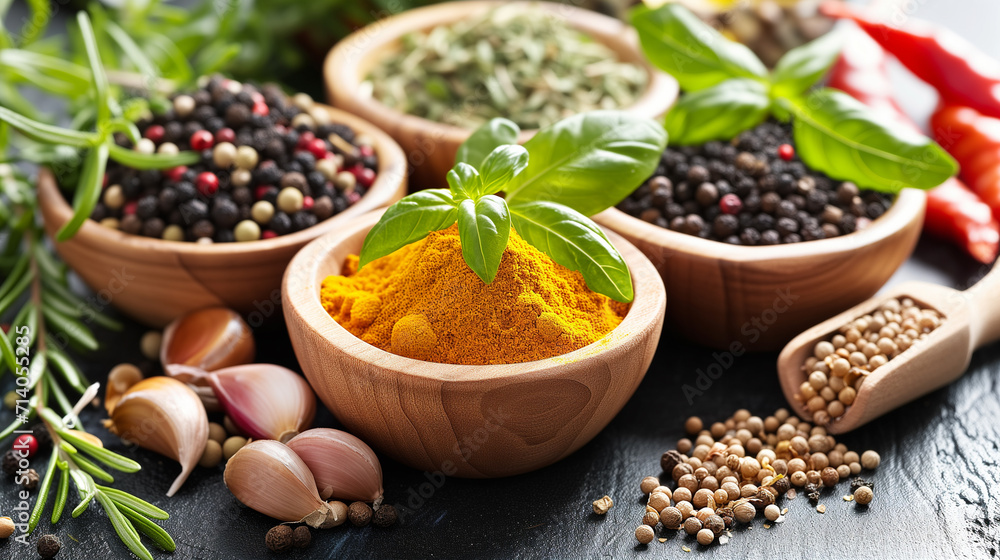 Wooden bowls filled with ground turmeric, pepper and other spices. Around garlic, chillies, rosemary. Wooden bowls filled with ground turmeric, pepper and other spices. Around garlic, chillies, rosemary.