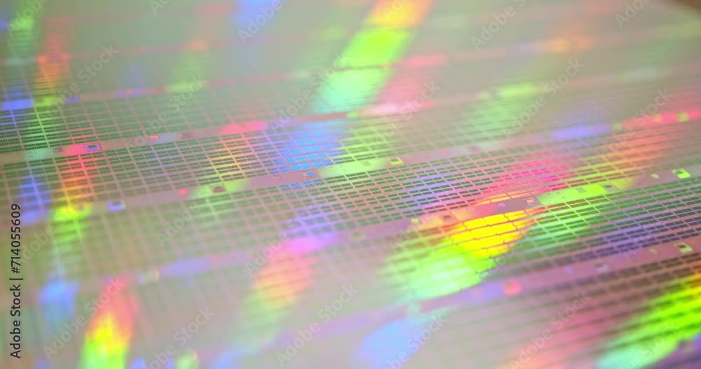 A close-up view of a silicon wafer's microprocessor circuit layout. The semiconductors or central processing unit CPU microchips are fabricated from a silicon wafer with patterned layers of materials. A close-up view of a silicon wafer's microprocessor circuit layout. The semiconductors or central processing unit CPU microchips are fabricated from a silicon wafer with patterned layers of materials.