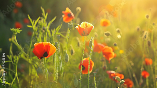 Spring background. Poppy Flowers On The Spring Field.slow Motion, Wind And Sun Light Nature. Copy paste area for texture