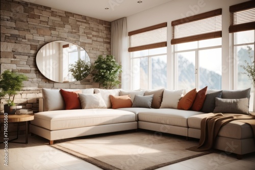 Farmhouse interior home design of modern living room with corner sofa and stone walls with natural light from the window