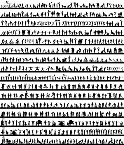 People all ages children teen adult and senior doing activities hobbies and sports vector silhouettes set collection. Human different activities silhouettes set.