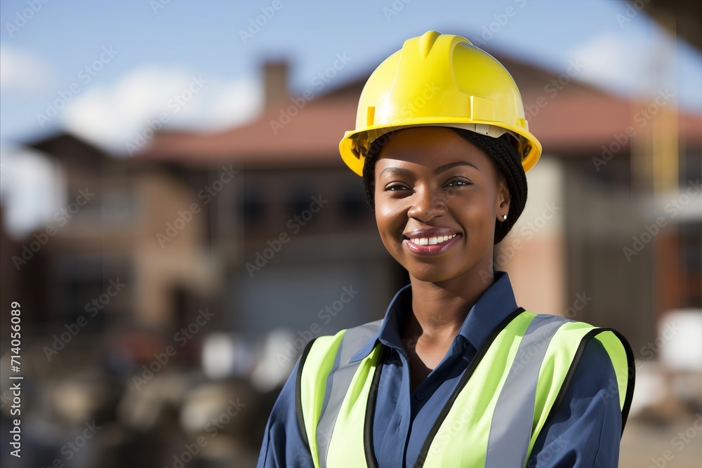 Smiling female site engineer in safety vest and hardhat at construction site - blurred house background Smiling female site engineer in safety vest and hardhat at construction site - blurred house background