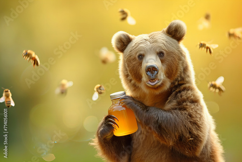 cute big bear holds out a mouthwatering honey jar isolated on light pastel yellow background  photo