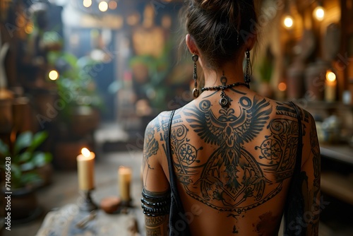 Woman with back tattoos in interior with plants and candles
