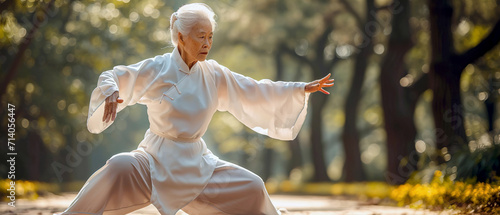 Asian senior woman practice tai chi in the park. AI generated