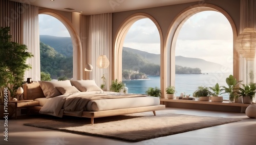  Interior of a cozy bedroom with a large bed in front of huge windows and landscapes behind them with mountains and sea