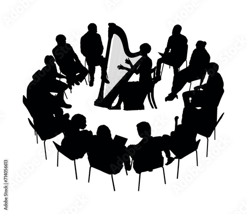 Woman playing the harp in the middle of audience sitting in circle vector silhouettes.