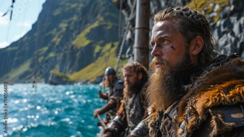 Viking sailors in traditional clothing sail on a wooden ship off the rocky coast