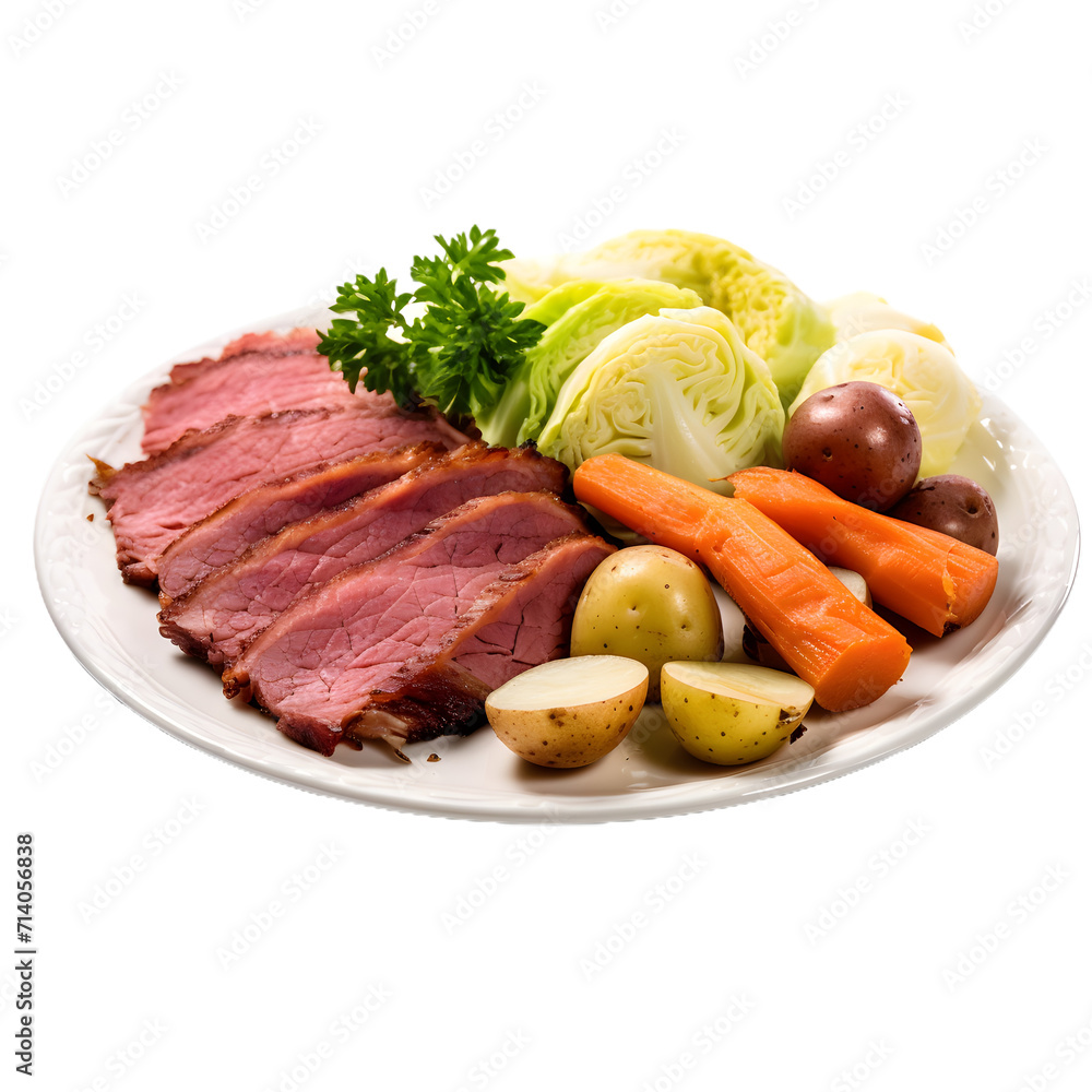 Hearty Irish meal of corned beef and cabbage isolated on transparent background