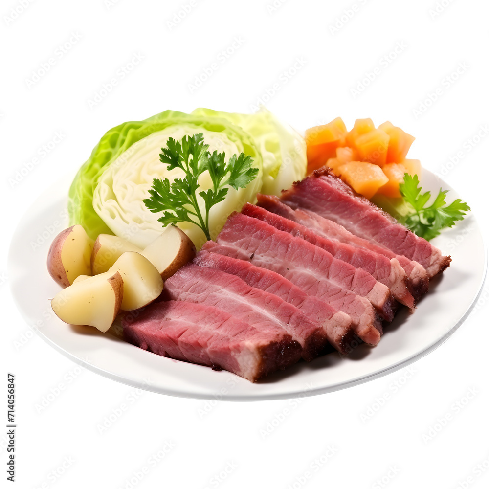 Hearty Irish meal of corned beef and cabbage isolated on transparent background Hearty Irish meal of corned beef and cabbage isolated on transparent background