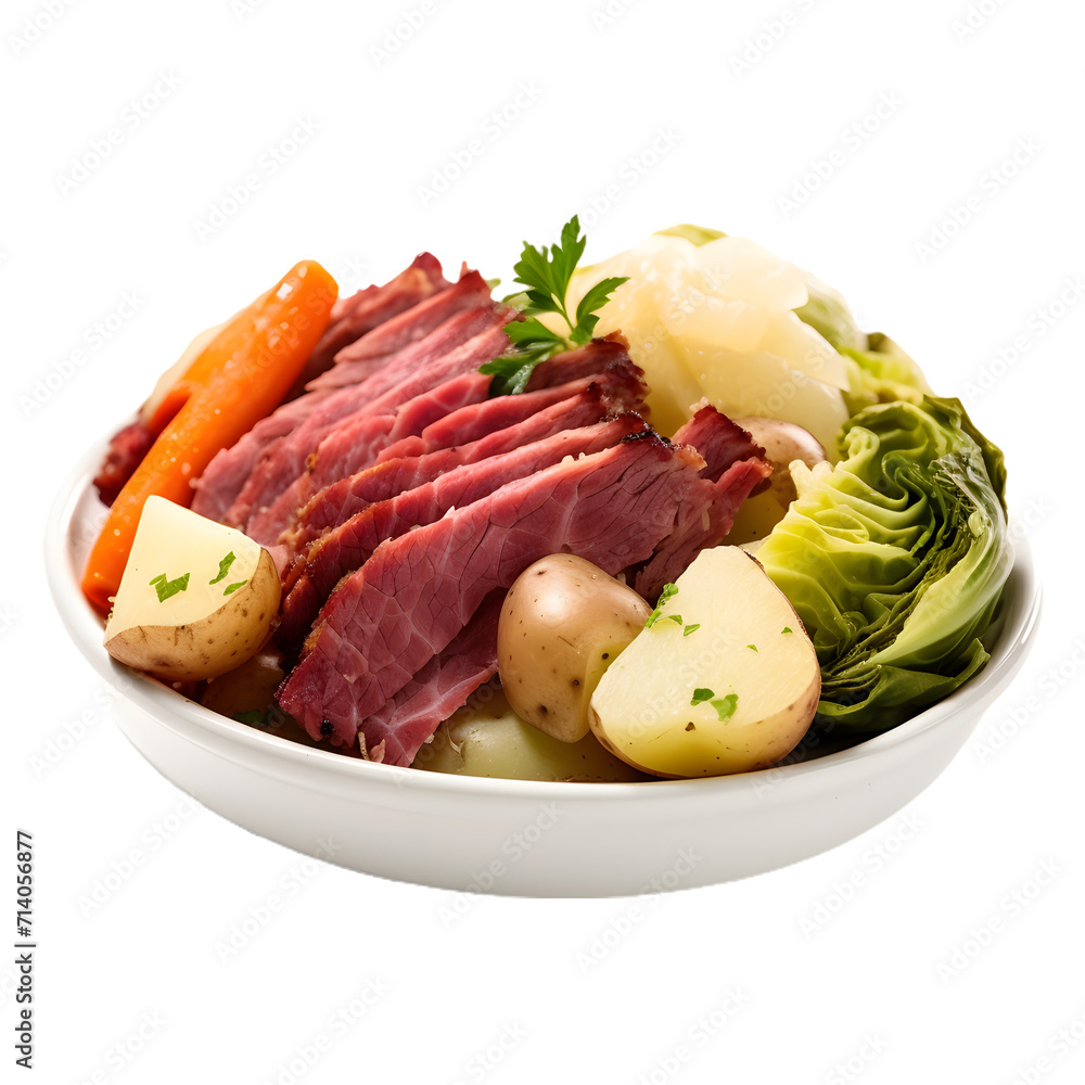 Hearty Irish meal of corned beef and cabbage isolated on transparent background
