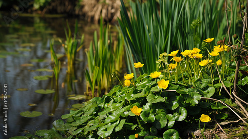 Spring background. Some Marsh Marigold or Caltha Palustris Flowers Next To A Small Pond. Copy paste area for texture