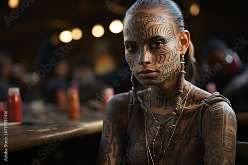 girl with tattoos on her face and body depicting various patterns and symbols in a realistic scene.