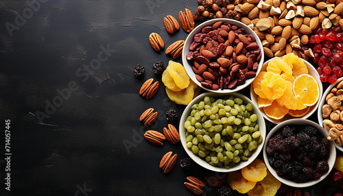 Various dried fruits and nuts on a dark wooden table. Top view flat lay with copy space
