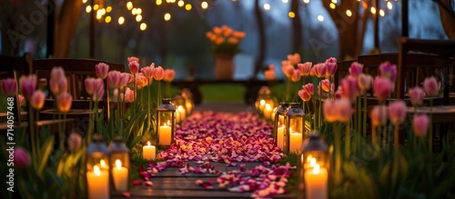 Romantic Valentine s Day setting for couples with candles  tulips  and a surprise proposal spot.