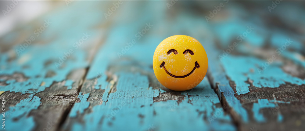Joy Embodied in Simplicity: Smiling Yellow Sphere Against a Weathered Turquoise Backdrop Over 80 Characters - obrazy, fototapety, plakaty 