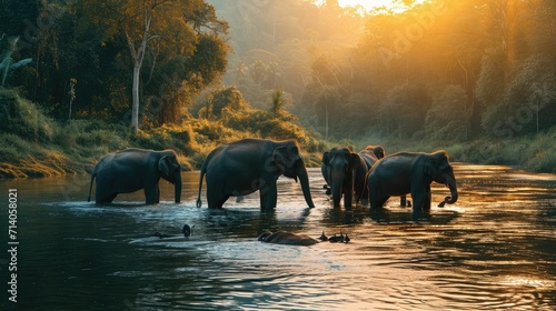 Graceful Elephants Bathing in the River - A Serene Wildlife Encounter
