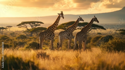Majestic Giraffes Grazing on the Savanna- Capturing Wildlife in Serene Moments
