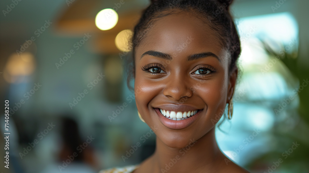 Young beautiful black girl with beautiful smile and white teeth is in dentist surgery and is waiting for the examination. Tooth care concept. Selective focus Young beautiful black girl with beautiful smile and white teeth is in dentist surgery and is waiting for the examination. Tooth care concept. Selective focus