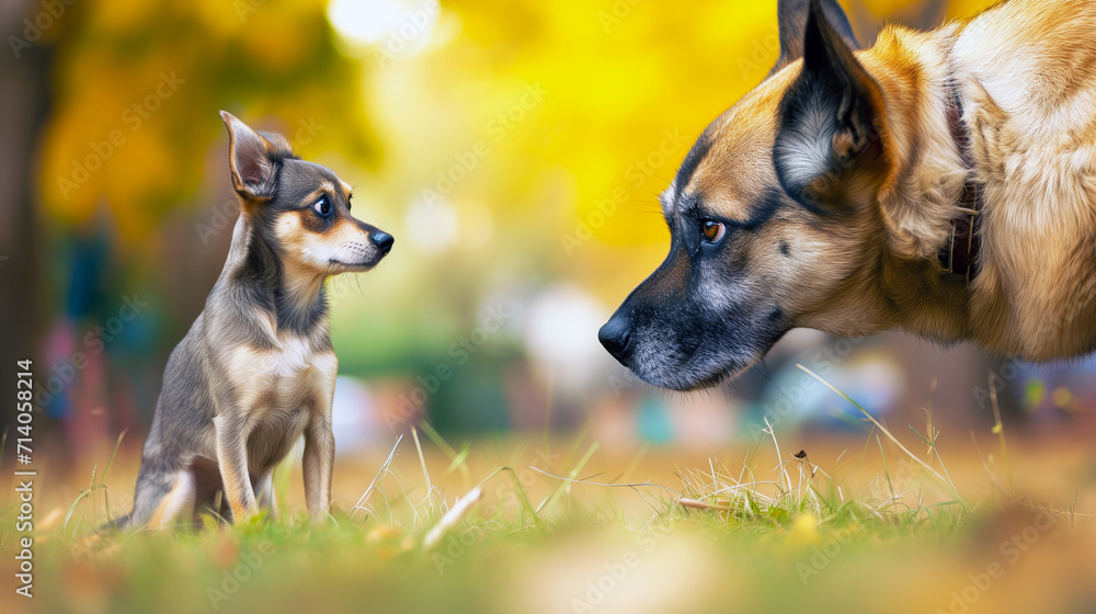 tiny brown afriad and bravery puppy and a large shepherd dog face each other on a grassy field with autumn trees behind them tiny brown afriad and bravery puppy and a large shepherd dog face each other on a grassy field with autumn trees behind them