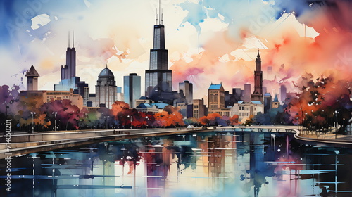 a watercolor big city skyline photo