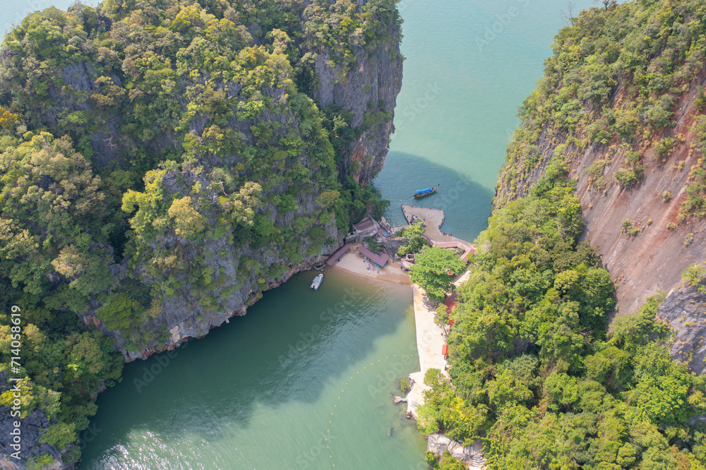 Aerial top view of Khao Phing Kan, Ko Ta Pu, Phang Nga, lush green trees from above in tropical forest in national park in summer season. Natural landscape background.