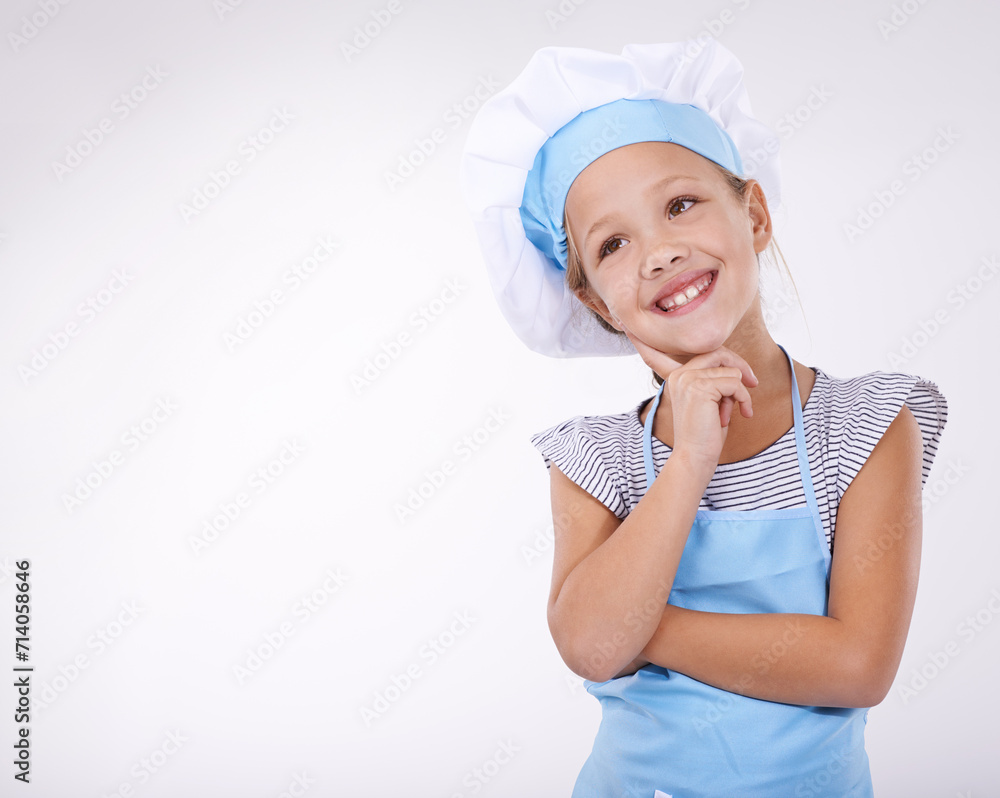 Child, chef and thinking of food idea and menu for recipe development on white studio background. Culinary skills, young and ready to cook and mockup space with confidence in hospitality industry Child, chef and thinking of food idea and menu for recipe development on white studio background. Culinary skills, young and ready to cook and mockup space with confidence in hospitality industry
