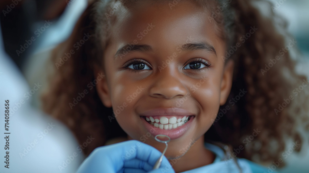 Little cute black girl is at children dentist examination. Tooth care concept. Selective focus Little cute black girl is at children dentist examination. Tooth care concept. Selective focus