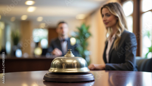 close up service bell at the hotel with a blurry female receptionist in the background photo