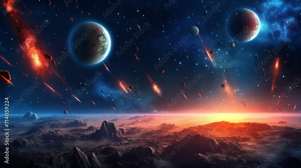 Meteor shower in the night sky over the silhouettes of mountains against the backdrop of sunset. Meteor shower in the night sky over the silhouettes of mountains against the backdrop of sunset.