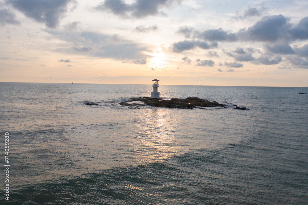 Aerial top view of lighthouse tower, Khao Lak with seawater, Andaman sea in Phang Nga Bay island in summer season, Thailand. Tourist attraction. Aerial top view of lighthouse tower, Khao Lak with seawater, Andaman sea in Phang Nga Bay island in summer season, Thailand. Tourist attraction.