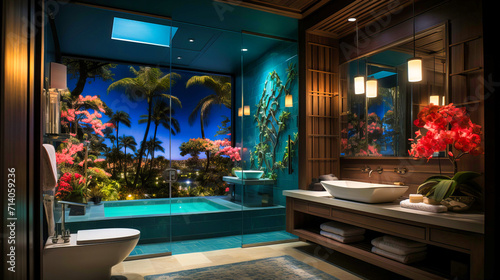 Photographie Tropical Luxury Bathroom: A Modern Interior with Exotic Vibes and Relaxing Ambiance