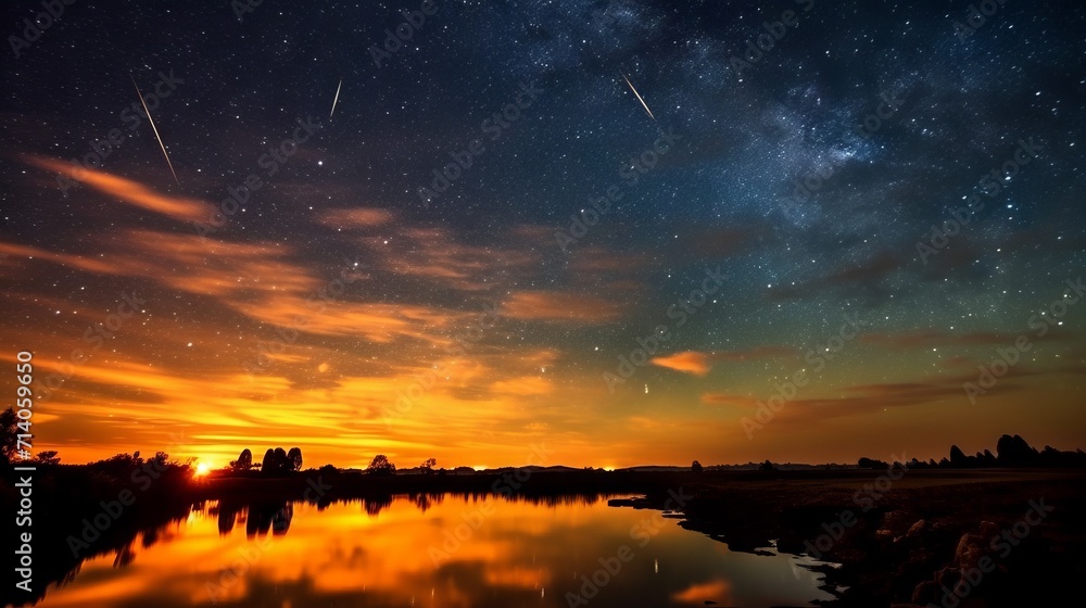 Starfall against the backdrop of the sunset sky over a quiet river surface