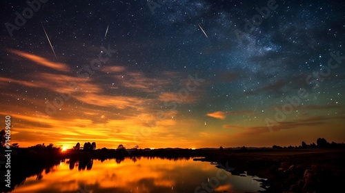 Starfall against the backdrop of the sunset sky over a quiet river surface