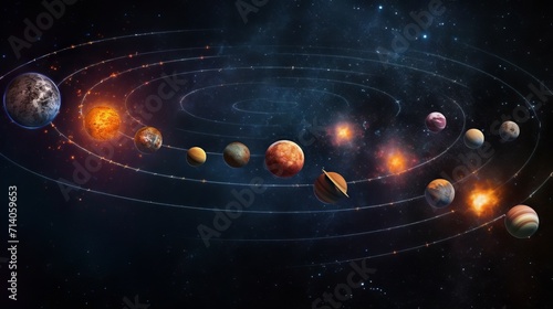 An image of the solar system showing the Sun and planets aligned in their orbits against a starry sky photo
