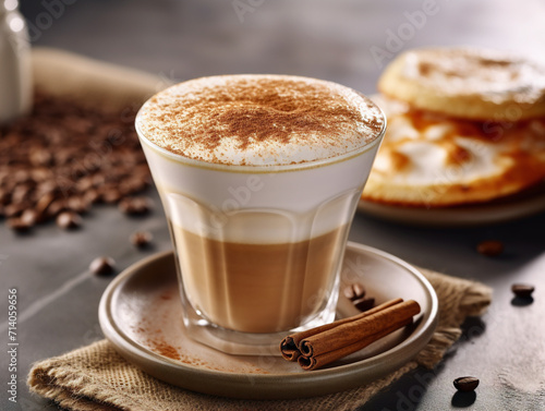A visually appealing vanilla latte topped with a delicate dusting of cinnamon in a stylish setting.