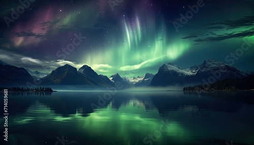 View of night sky with multicolored aurora borealis and snowy mountains peak background. Night glows in vibrant aurora reflection on the lake with forest. 