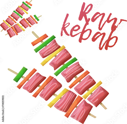 Raw kebab vector icon isolated on white background, meat and vegetable pieces on skewers illustration. Barbecue semi-prepared meal for cooking on grill