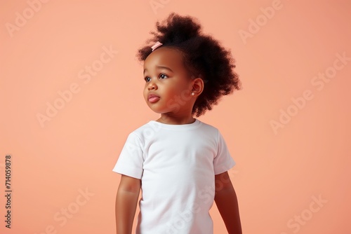 design mockup black toddler girl wearing plain blank white tshirt on a pastel peach background, studio portrait