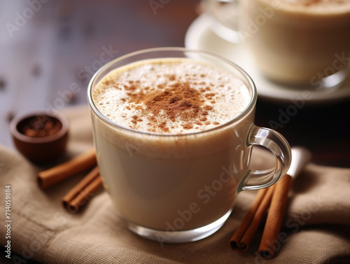 A warm cup of vanilla latte with a sprinkle of cinnamon on top, shot in raw style.