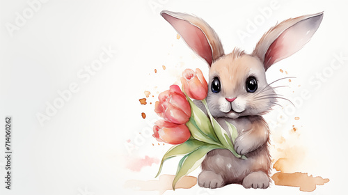 Cute cartoon bunny with a bouquet of tulips drawn in watercolor on a white background for card mockup.